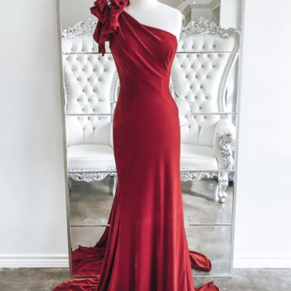 One Shoulder Red Velvet Mermaid Long Prom Dresses,..