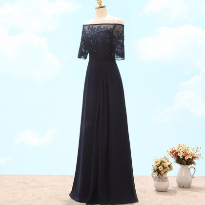 Vintage Navy Blue Appliques Long Prom Dresses,..