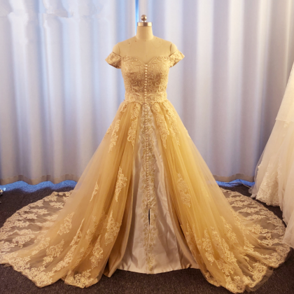 Gold Prom Dresses, Embroidery Prom Dresses, Lace..