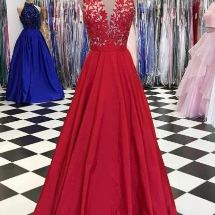 Red V Neck Prom Dress,lace Appliques Prom..