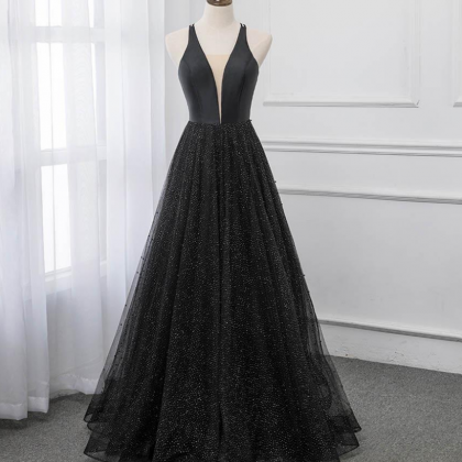 Prom Dresses Sexy Black Deep V Neck Long Prom Dresses Backless Tulle ...