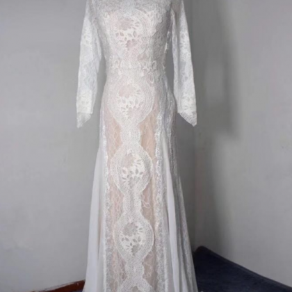 Long Sleeves Lace Wedding Dress, Unique Boho Beach..
