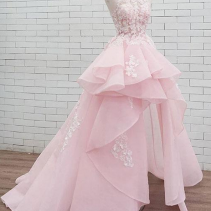 Pink Round Neck Lace Long Prom Dress, Sweet 16..