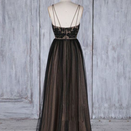 Deep V-neck Black Backless Tulle Prom Dress With..