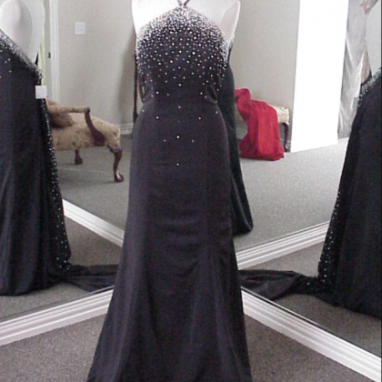 Backless Halter Black Prom Dress With Beads,sexy..