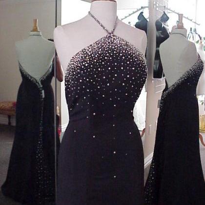 Backless Halter Black Prom Dress With Beads,sexy..