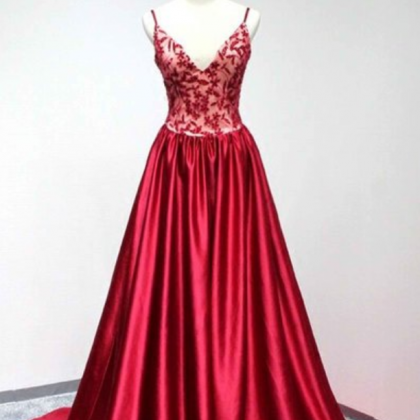 Red Satin V-neck A-line Long Formal Dress, Long..