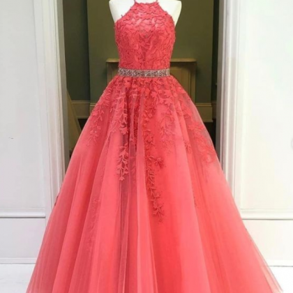 Halter Coral Prom Dresses 2021 Beaded Tulle..