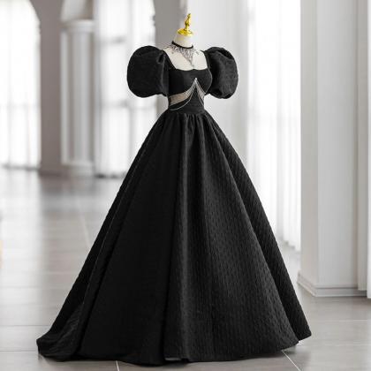 Black Textured Fluffy Dress Evening Dress