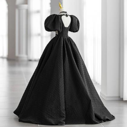 Black Textured Fluffy Dress Evening Dress