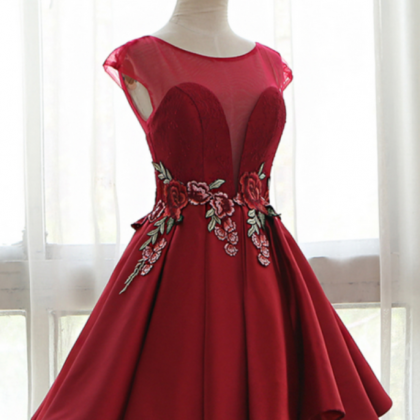 Red Sweetheart Illusion Cap Sleeves Floral..