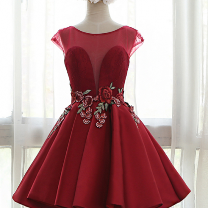 Red Sweetheart Illusion Cap Sleeves Floral..