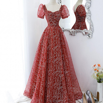 Red tulle sequins long prom dress red evening gown Y1179