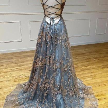 Unique Round Neck Tulle Lace Long Prom Dress,..