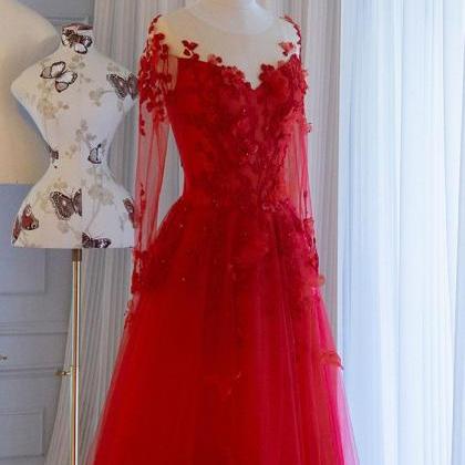Red Round Neck Tulle Lace Long Prom Dress, Red..