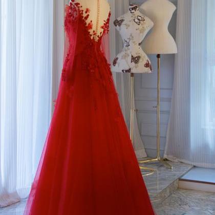 Red Round Neck Tulle Lace Long Prom Dress, Red..
