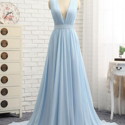 Simple Blue V Neck Chiffon Long Prom Dress, Blue..