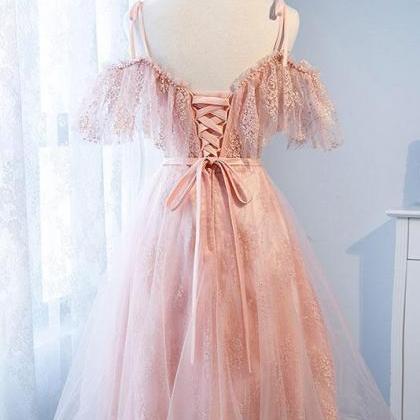 Pink Tulle Lace Short Prom Dress, Pink Tulle Lace..