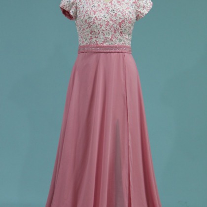 Prom Dresses Short Sleeves Chiffon With Applique..
