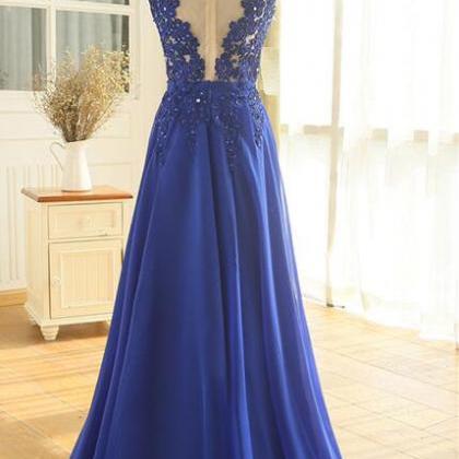 Royal Blue Chiffon Evening Dress, Elegant Prom..