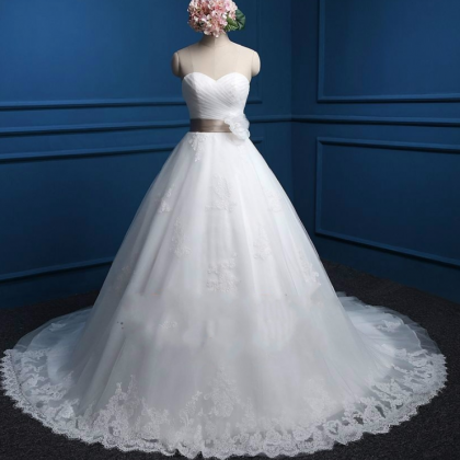 Sweetheart Lace Ball Gown With Flower Sash Tulle..