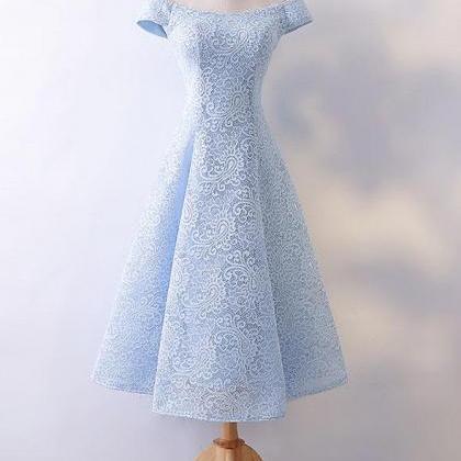 Blue Lace Tea Length Prom Dress, Blue Evening..