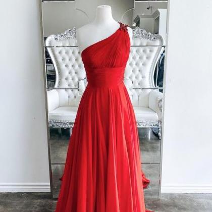 Red One Shoulder Chiffon Long Prom Dress Red..