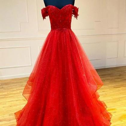 Red Sweetheart Off Shoulder Tulle Long Prom Dress..