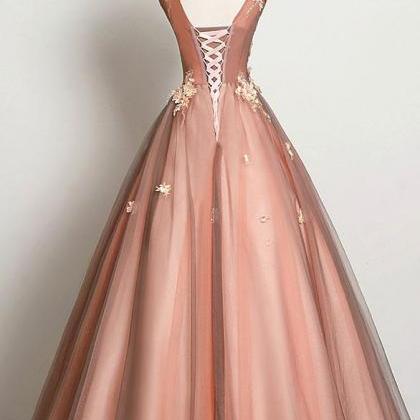 Pink V Neck Tulle Lace Long Prom Dress Pink Tulle..