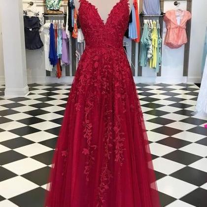 Burgundy Lace Prom Dress Long, Formal Dress,..