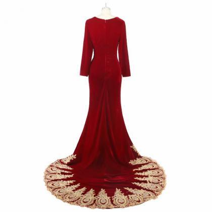 Red Prom Dresses O Neck Sweep Train Long Sleeve..