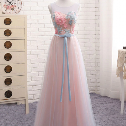 Prom Dresses,a Line Round Neck Lace Tulle Long..