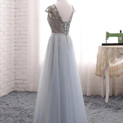 Prom Dresses,a Line Round Neck Lace Tulle Long..