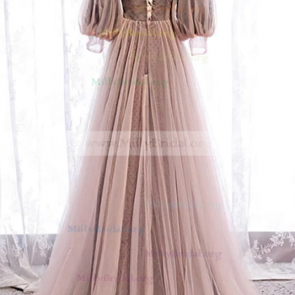 A-line V-neck Tulle Sweep Train Beading Prom..