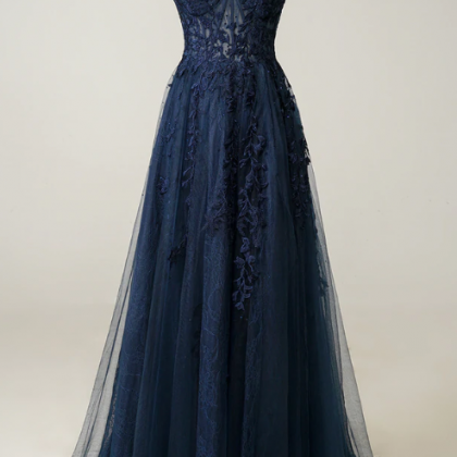 A Line Spaghetti Straps Navy Prom Dress With..