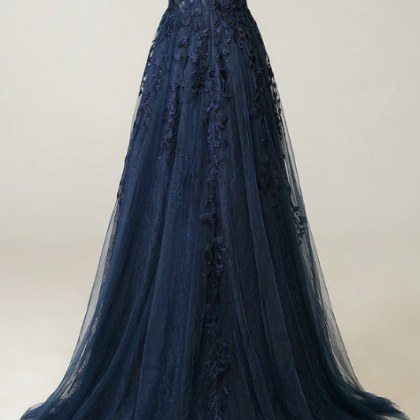 A Line Spaghetti Straps Navy Prom Dress With..
