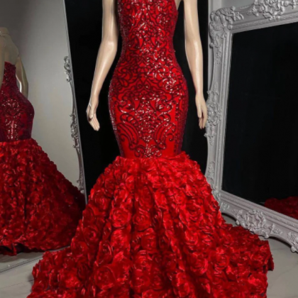 Red Rosetta Mermaid Prom Dress, Wedding Reception..