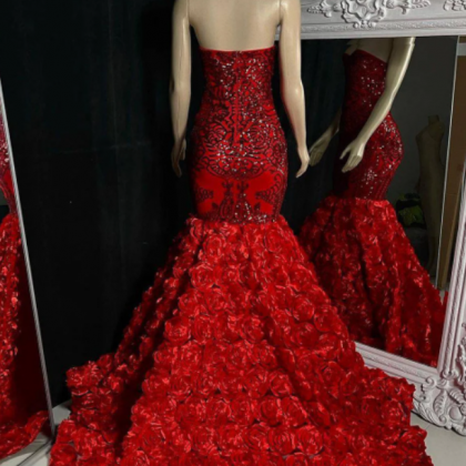 Red Rosetta Mermaid Prom Dress, Wedding Reception..