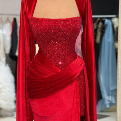 Velvet Draped Corset Dress With Train, Red Wedding..