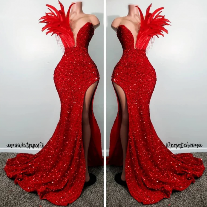 Sequin Red Prom Dress With Feathers, Red Long..