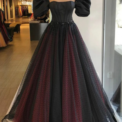 Black & Burgundy Dotted Tulle Prom..