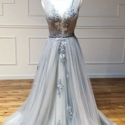 Prom Dresses,a Line Round Neck Appliques Tulle..