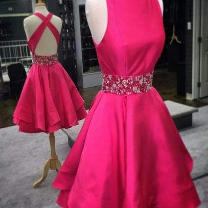 Rosy Satin Homecoming Dress ,spaghetti Strap..