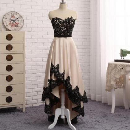 High Low Champagne Party Dress With Lace,..