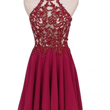Lovely Short Wine Red Lace Applique And Chiffon..