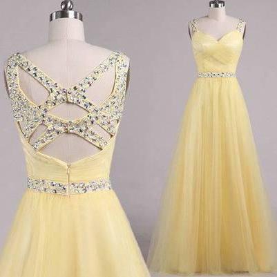 Cross Back Prom Dresses, Prom Dresses,yellow Prom..
