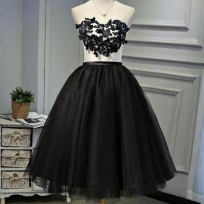 Black Tea Length Round Neckline Tulle Party Dress,..