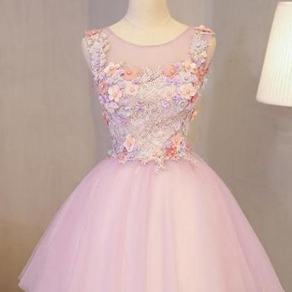 Cute Pink Round Neckline Tulle Party Dress With..