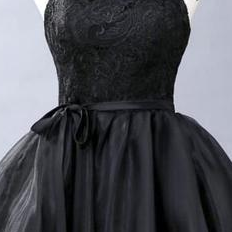 Elegant Black Short Lace-up Party Dress, Black..
