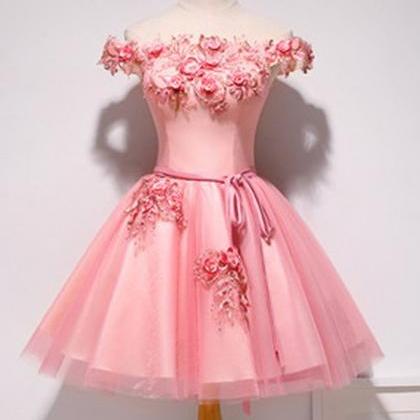 Pink Tulle Off Shoulder Short Pearl Prom Dress,..